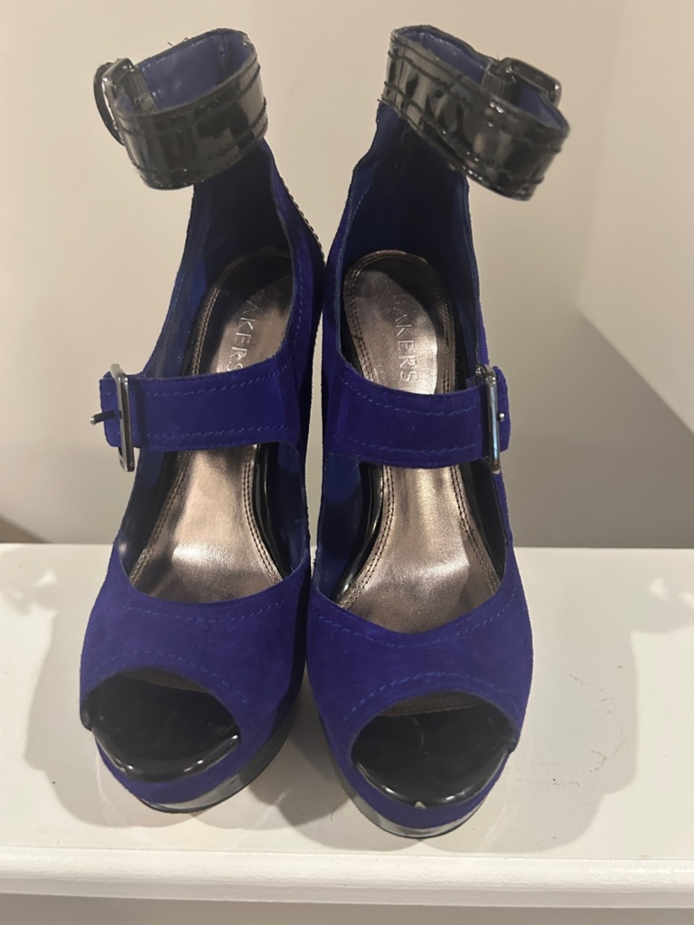 Bakers Cobalt Blue Suede Peep-Toe Platform Heels with Black Patent Ankle Strap
